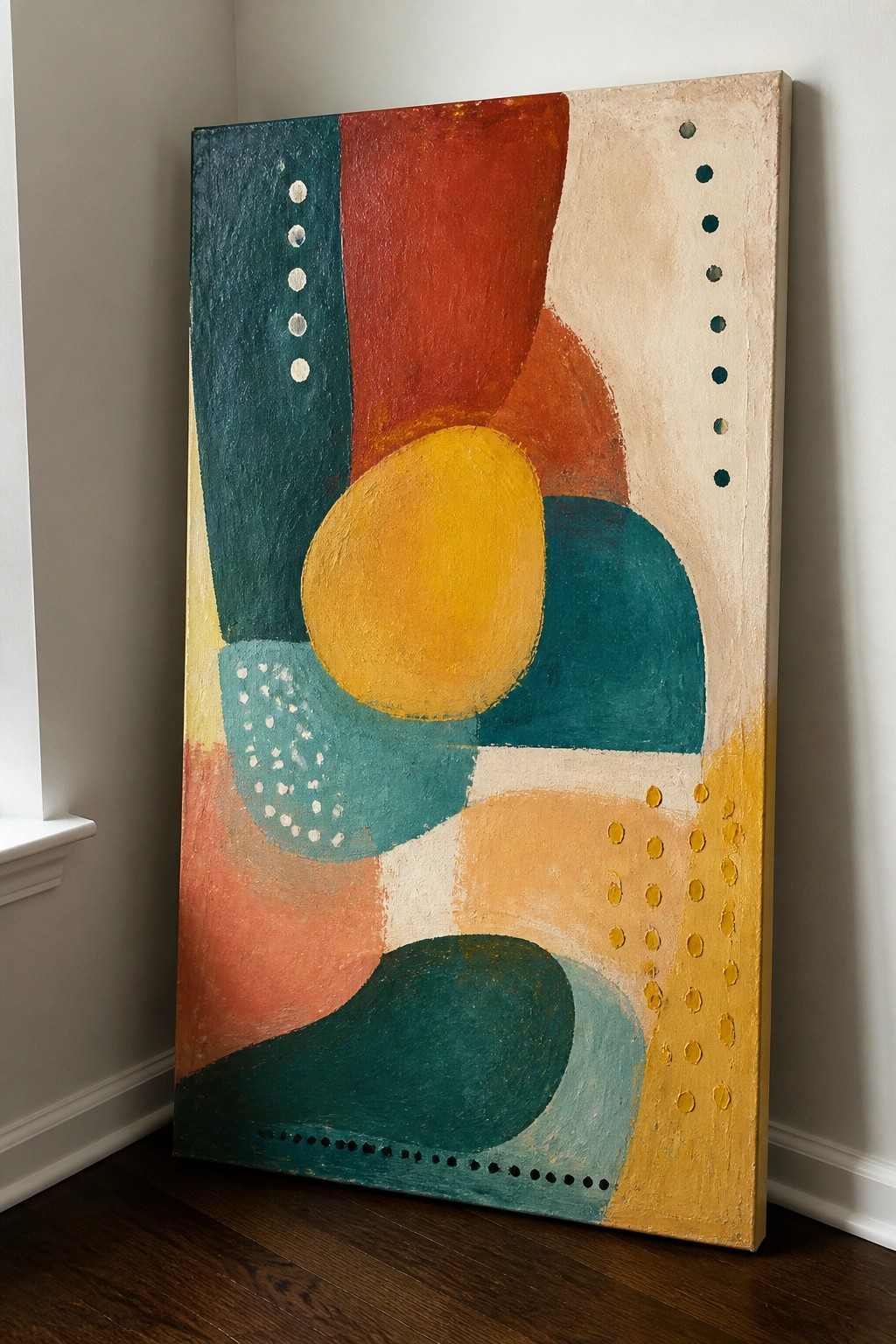 Abstract painting with colorful shapes, yellow circle and dotted lines leaning on wood floor.