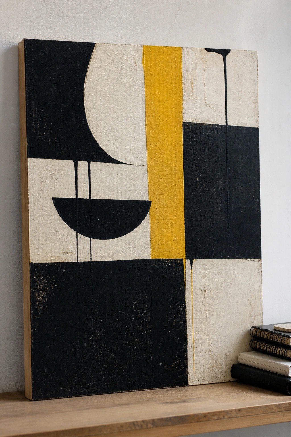 Abstract painting with bold black, white, and yellow geometric shapes beside stacked notebooks.
