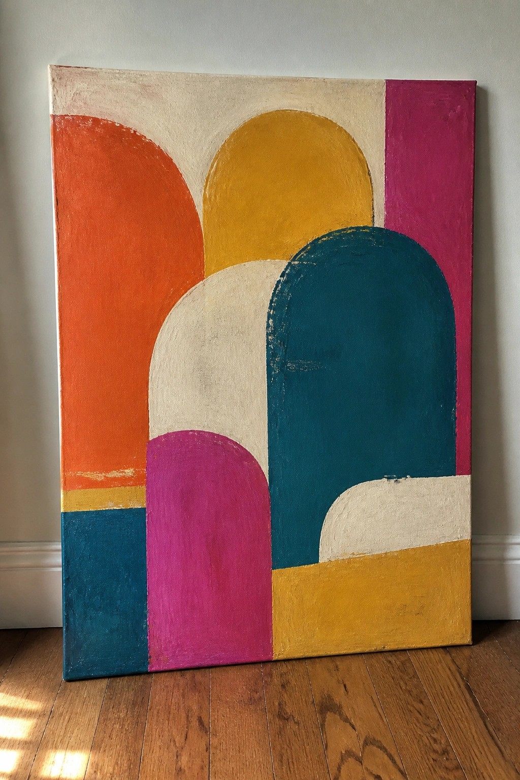 Abstract painting with overlapping arches in orange, yellow, teal, magenta, and cream.
