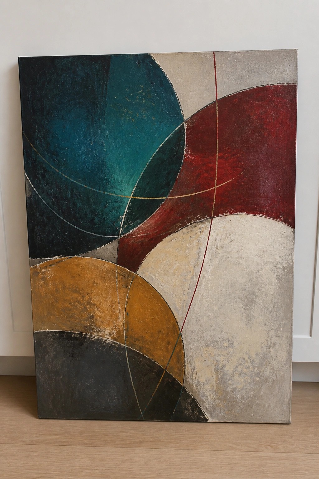 Abstract painting with overlapping teal, red, gold, and beige curved shapes on canvas.