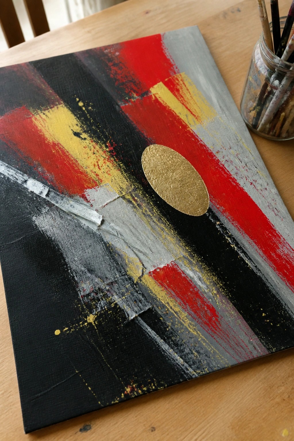 Abstract painting with red, black, yellow, gray strokes and gold oval beside paintbrushes.