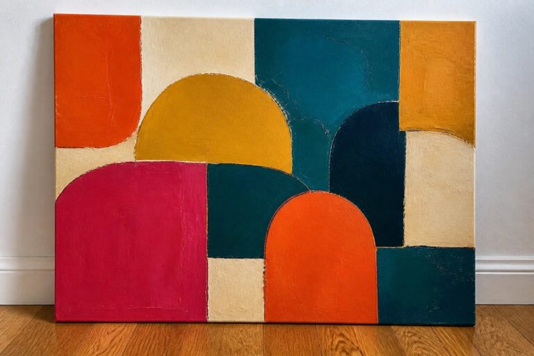 Abstract painting with overlapping arches in orange, yellow, teal, magenta, and cream.