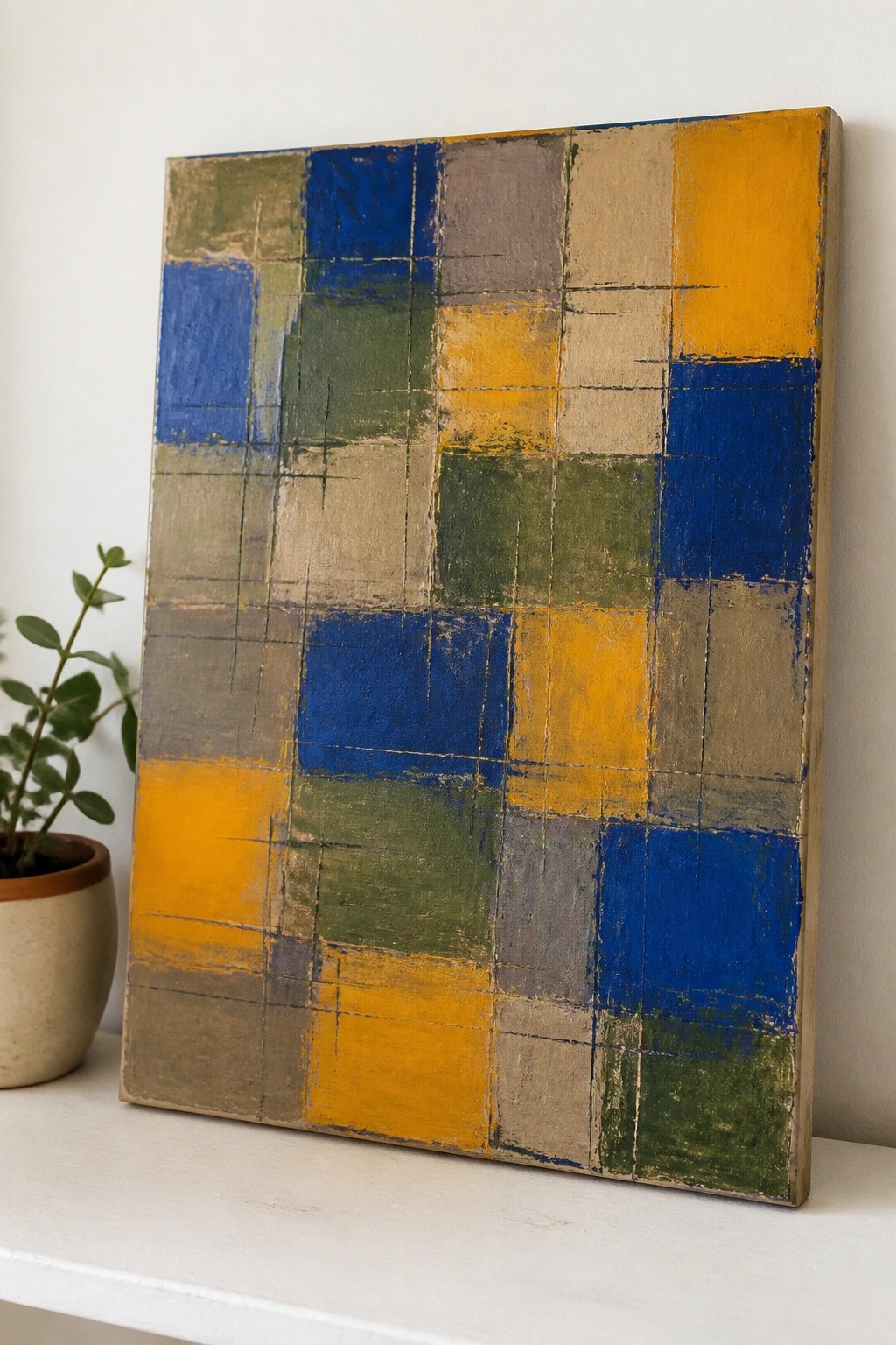 Abstract grid painting in yellow, blue, green, and gray hues beside potted plant