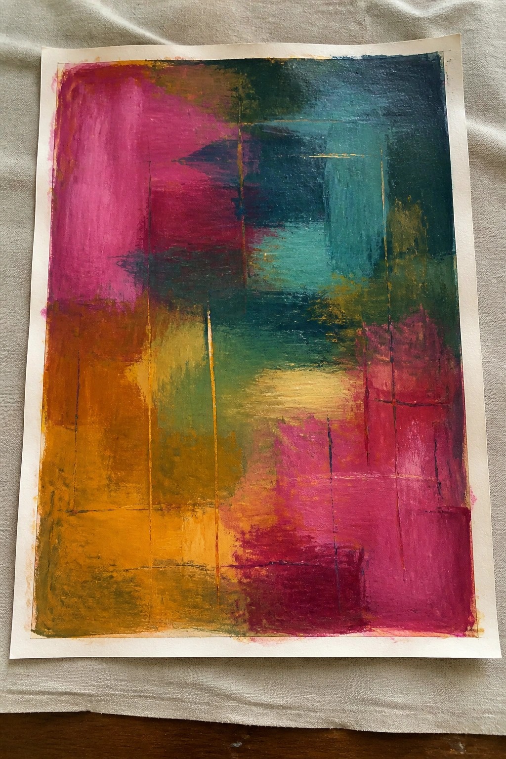 Abstract painting with vibrant magenta, orange, teal, and yellow brushstrokes on paper.