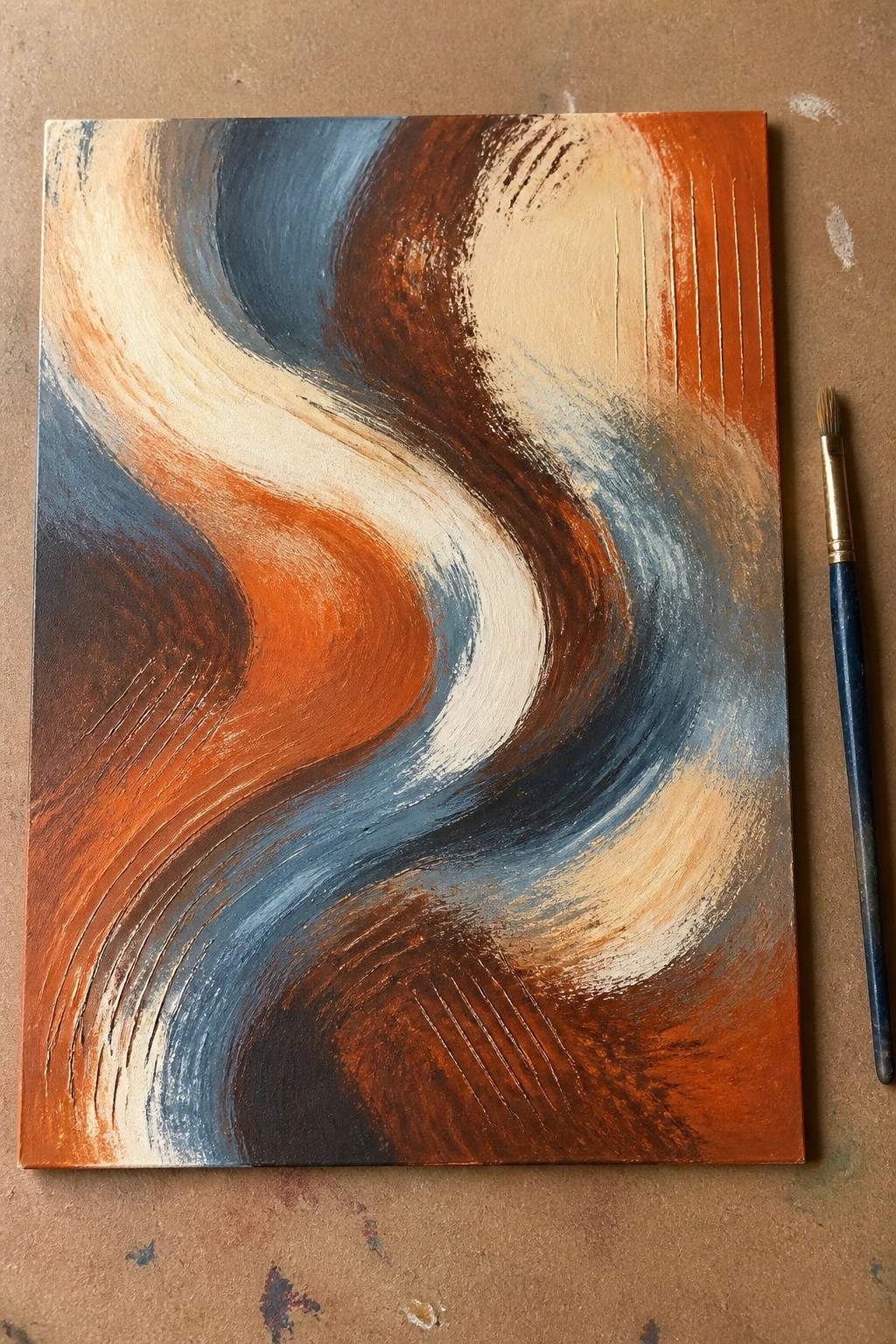 Abstract canvas with swirling orange, brown, and blue brushstrokes beside a paintbrush.