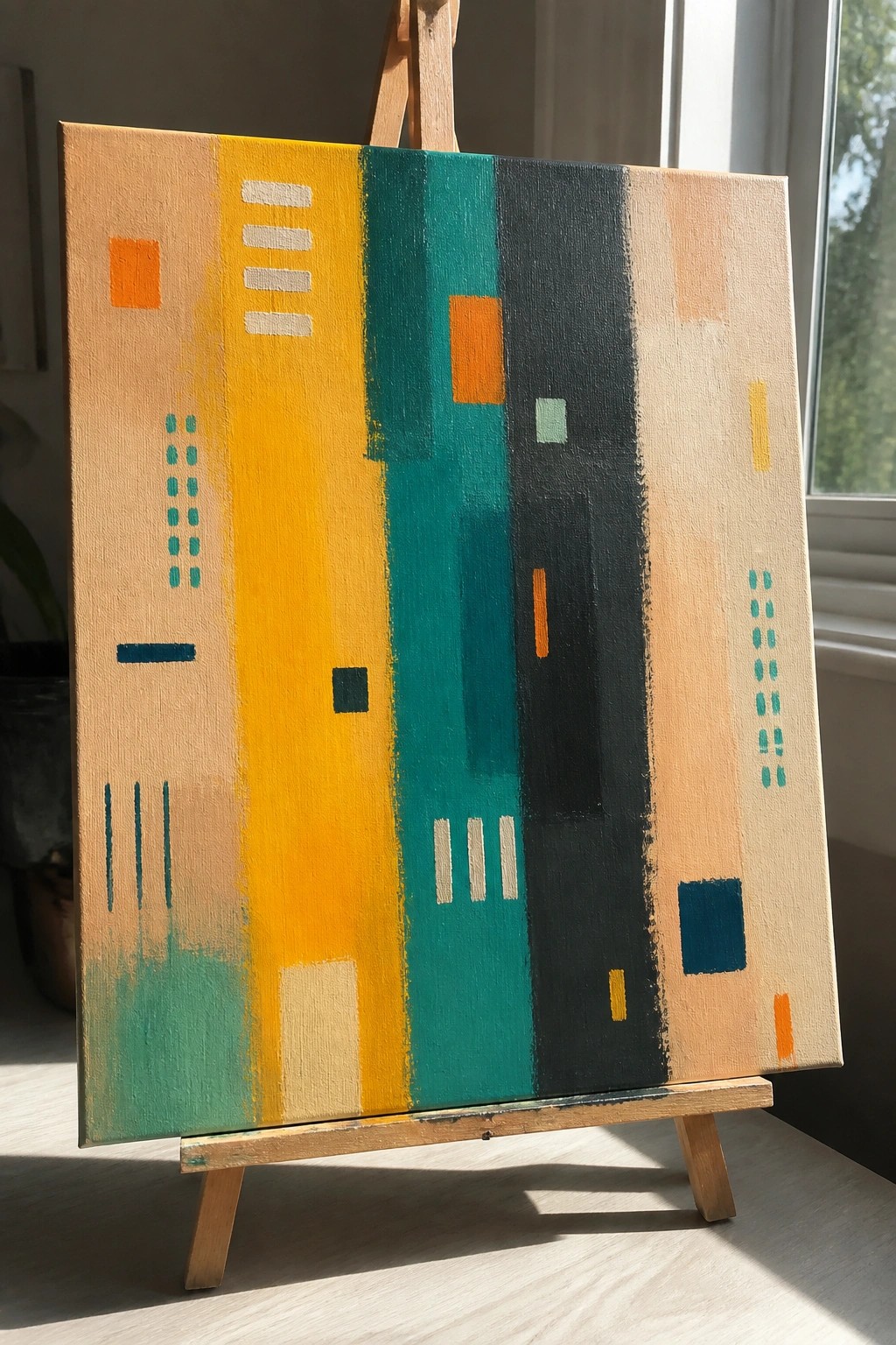 Abstract painting with yellow, teal, black stripes and geometric shapes on wooden easel