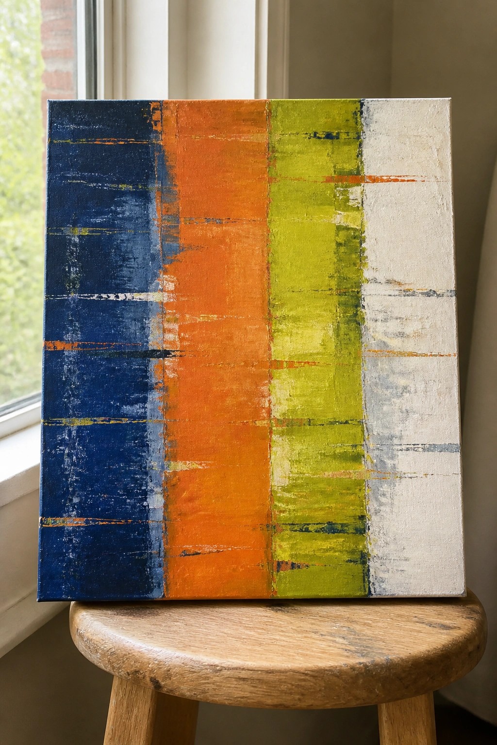 Abstract painting with blue, orange, green, and white vertical sections on wooden stool