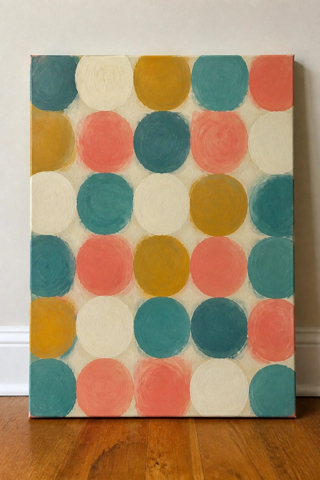 Abstract painting of teal, coral, yellow and white circles on canvas against wall