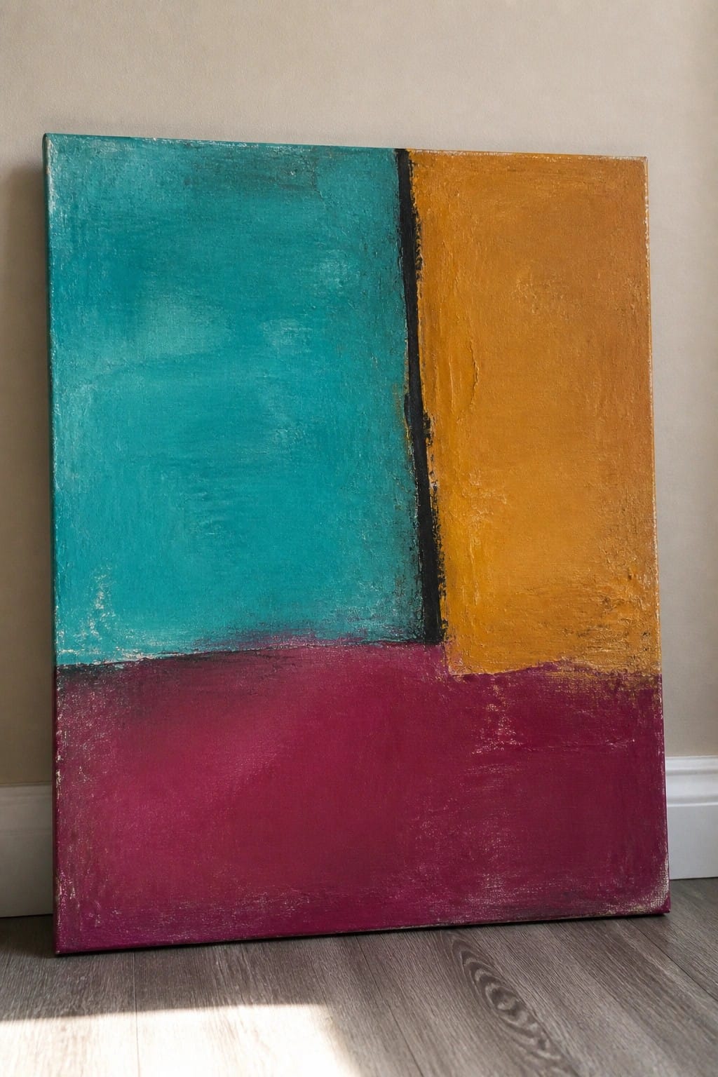 Abstract painting with teal left panel, orange right section, magenta bottom, and black vertical line.