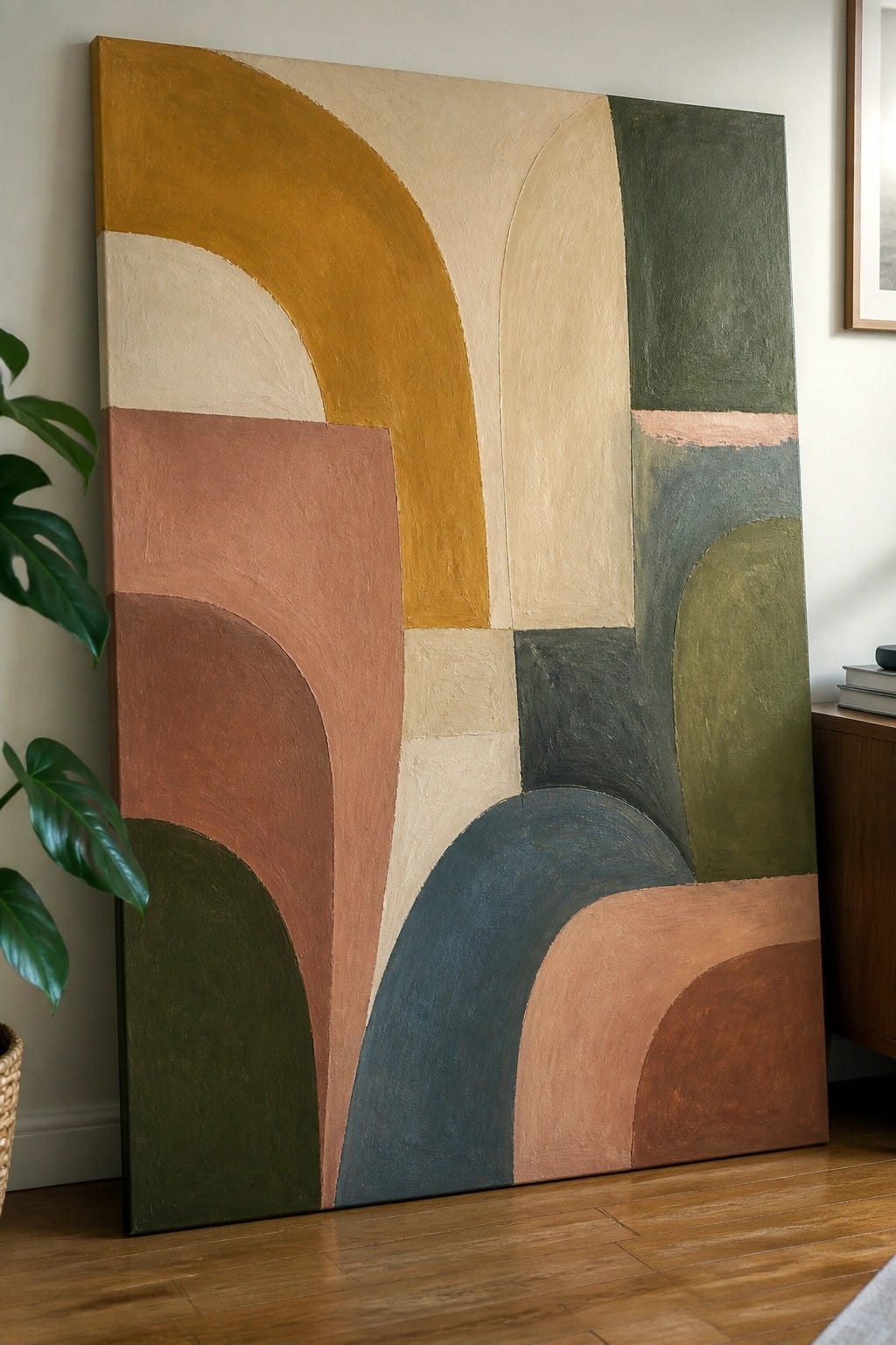 Large abstract painting with curved earth-tone shapes on wooden floor beside plant