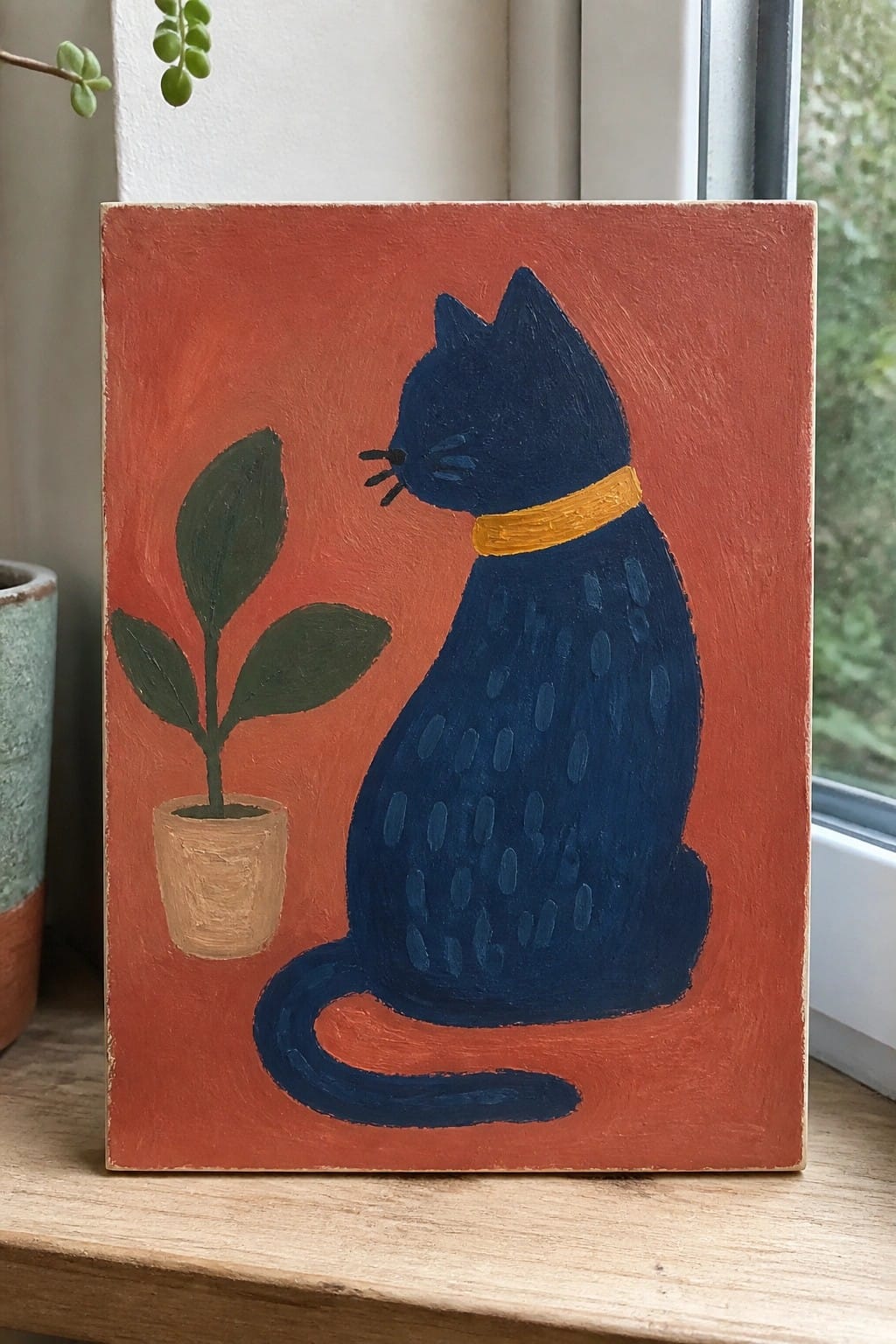 Navy blue cat with yellow collar sits beside potted plant on orange background.