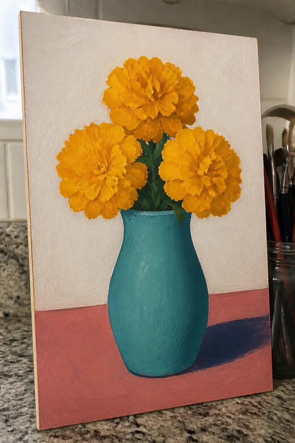 Three yellow marigolds in a teal vase on a red surface, oil painting.
