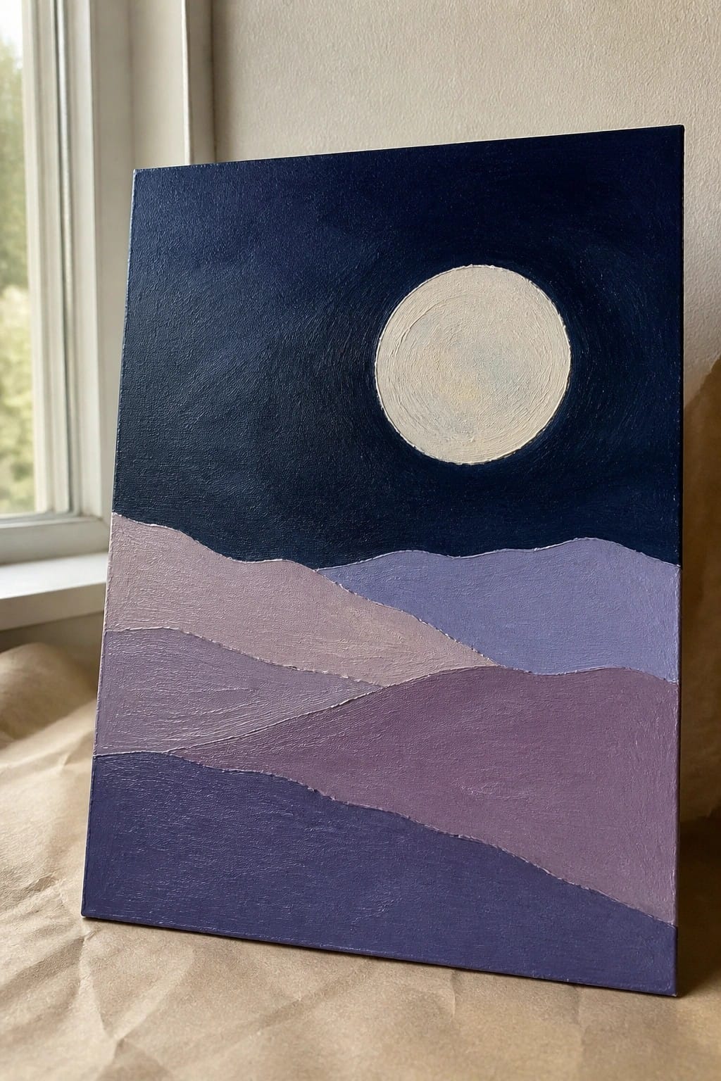 Minimalist painting of pale moon over layered purple hills in dark blue sky.