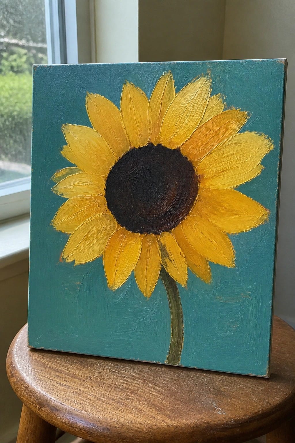 A square oil painting of a large yellow sunflower with a dark center on a teal background resting on a wooden stool.
