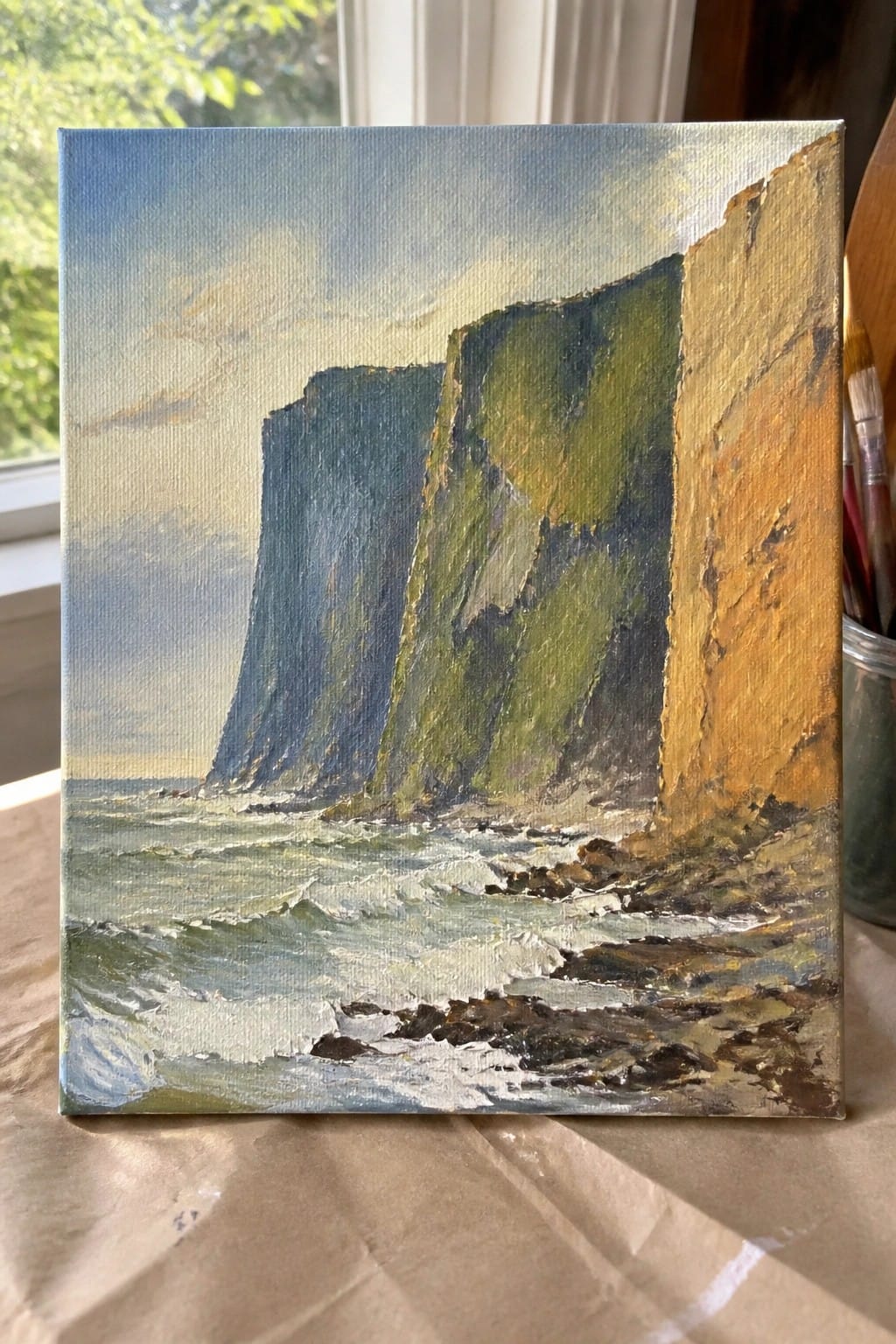 Oil painting of green cliffs by a rocky shoreline with crashing white waves.