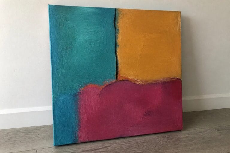 22 Bold Modern Oil Painting Ideas That Add Color Without Complicated Detail Abstract painting with teal left panel, orange right section, magenta bottom, and black vertical line.