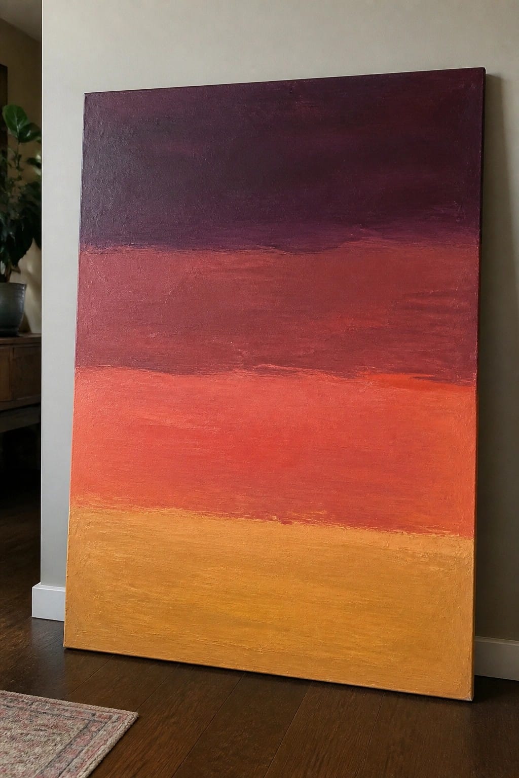 Large abstract painting with horizontal purple-to-yellow gradient bands leaning against wall.