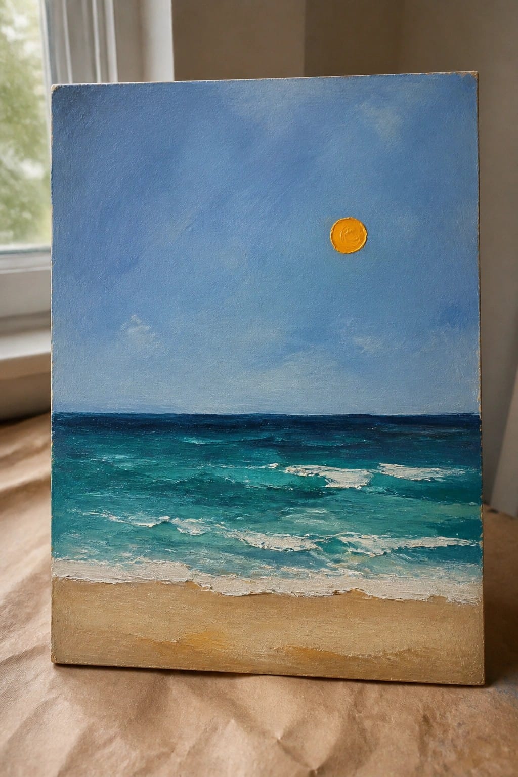 An oil painting shows a blue sky with a small yellow sun above turquoise ocean waves and a strip of sand at the bottom.