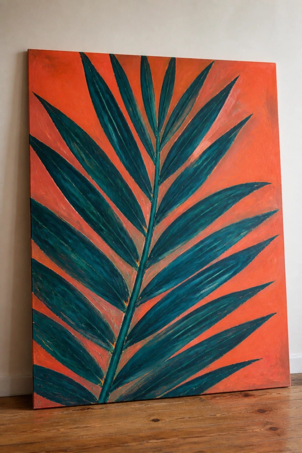 Large teal palm frond painting on orange canvas leaning against wall on wood floor