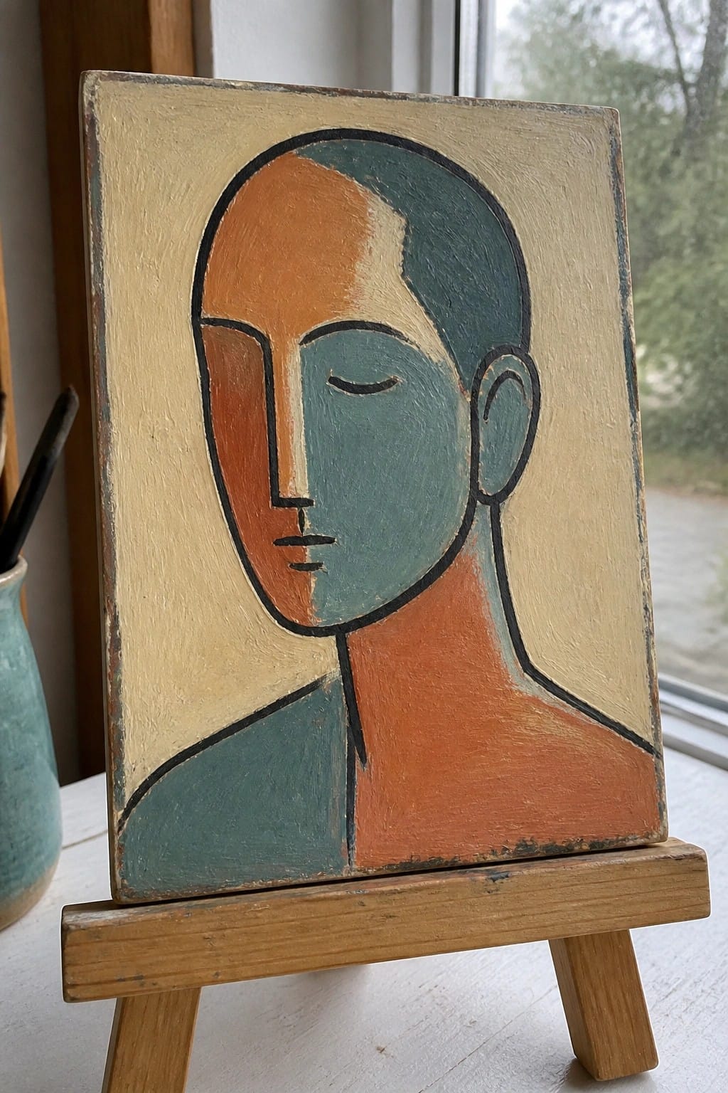 Abstract portrait in orange and teal on wooden plaque atop small easel by window