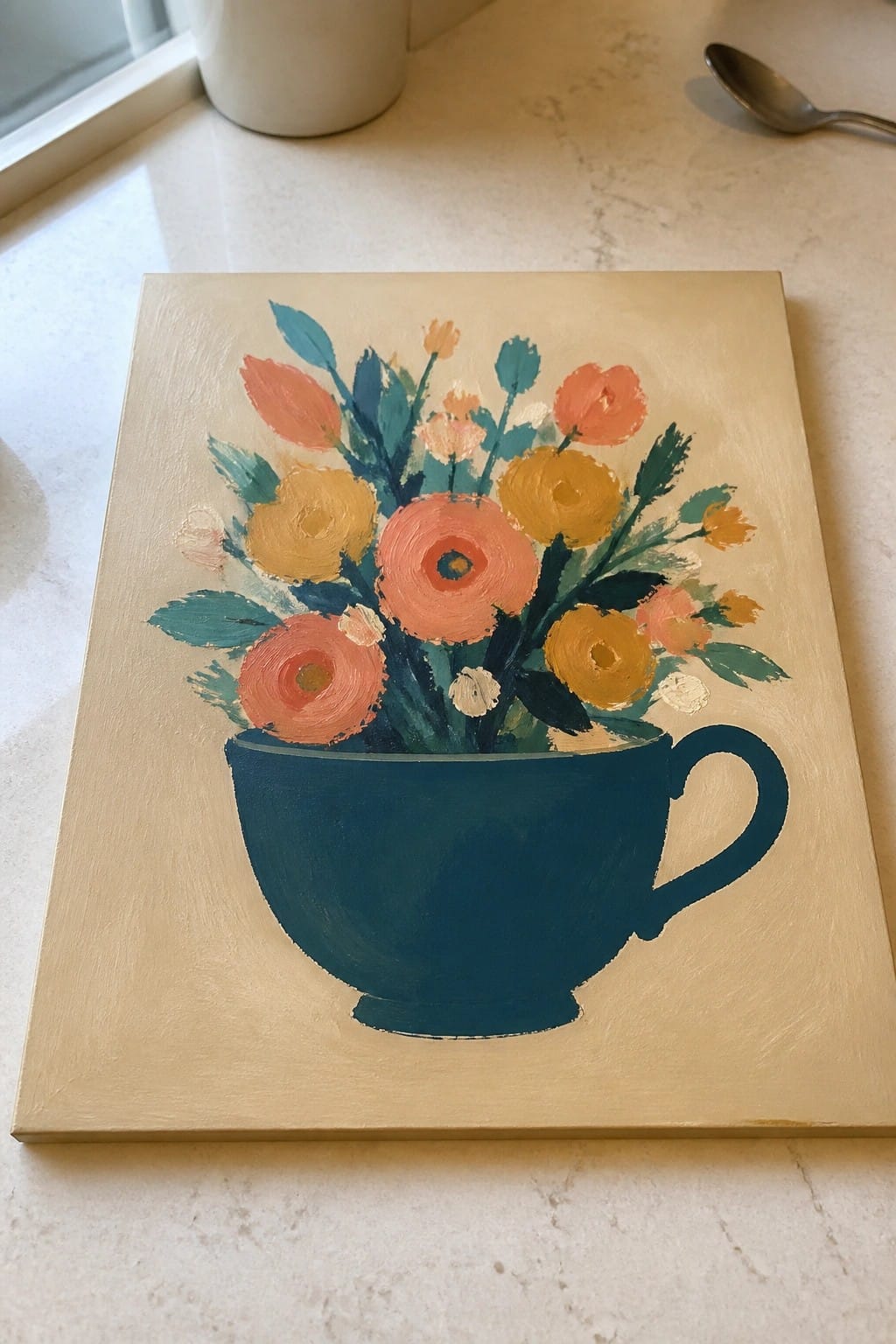 An oil painting of colorful flowers in a dark blue teacup on a light background.