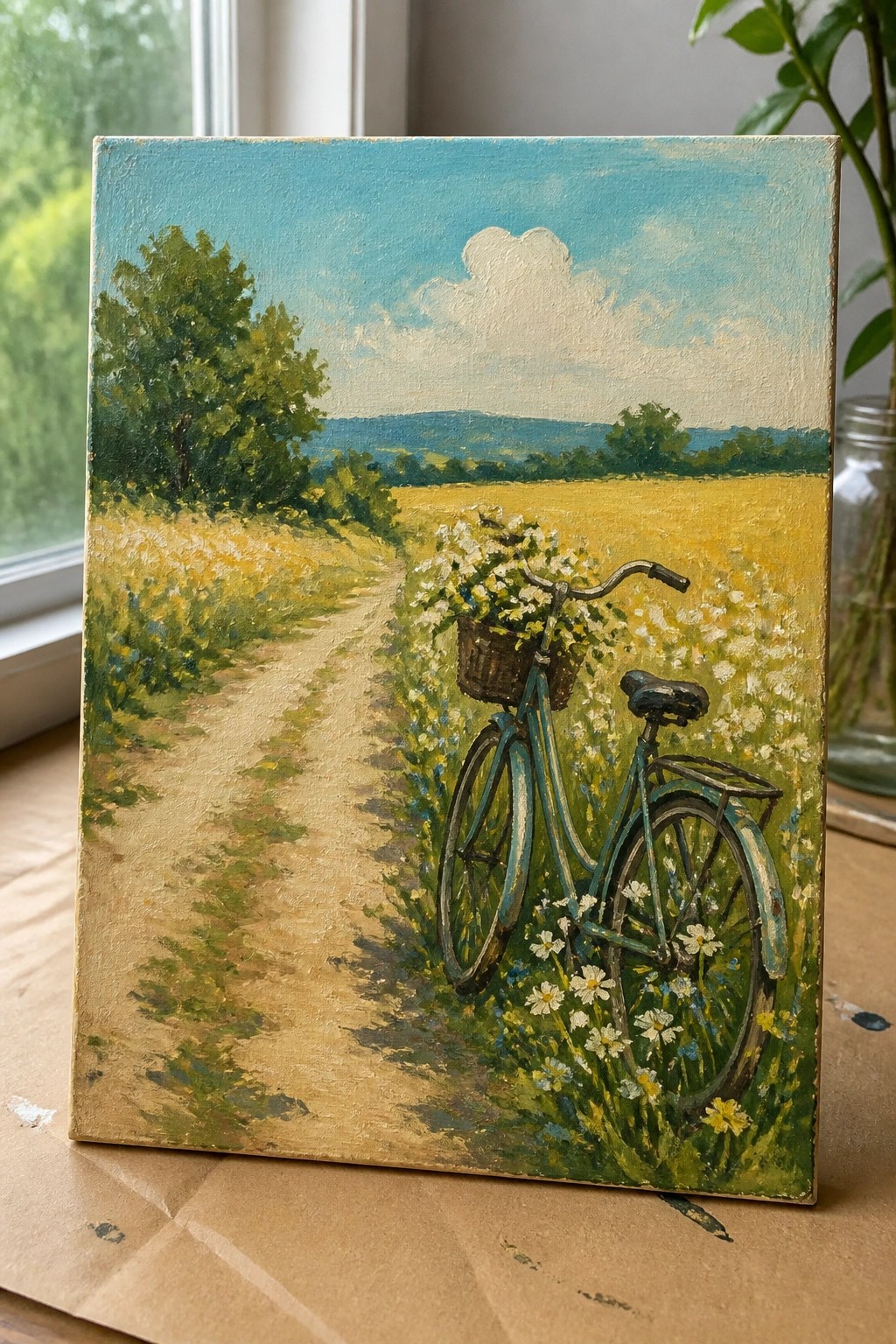 Teal bicycle with flower-filled basket beside dirt path in yellow meadow