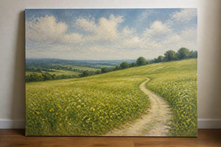 An oil painting of a winding dirt path through a green meadow dotted with yellow and white flowers, leading toward distant hills under a blue sky with clouds.