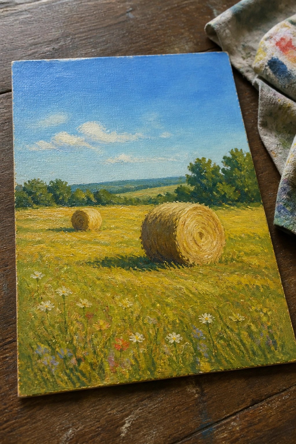 Hay bales in wildflower meadow under blue sky, oil painting on wood with rag