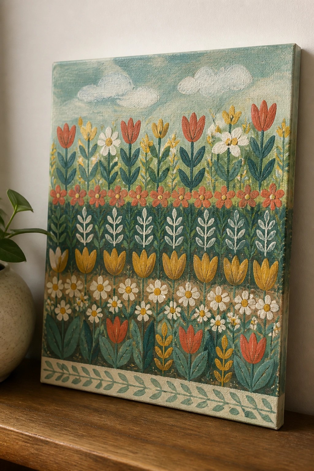 Colorful folk-art painting of rows of red, yellow, and white flowers on canvas