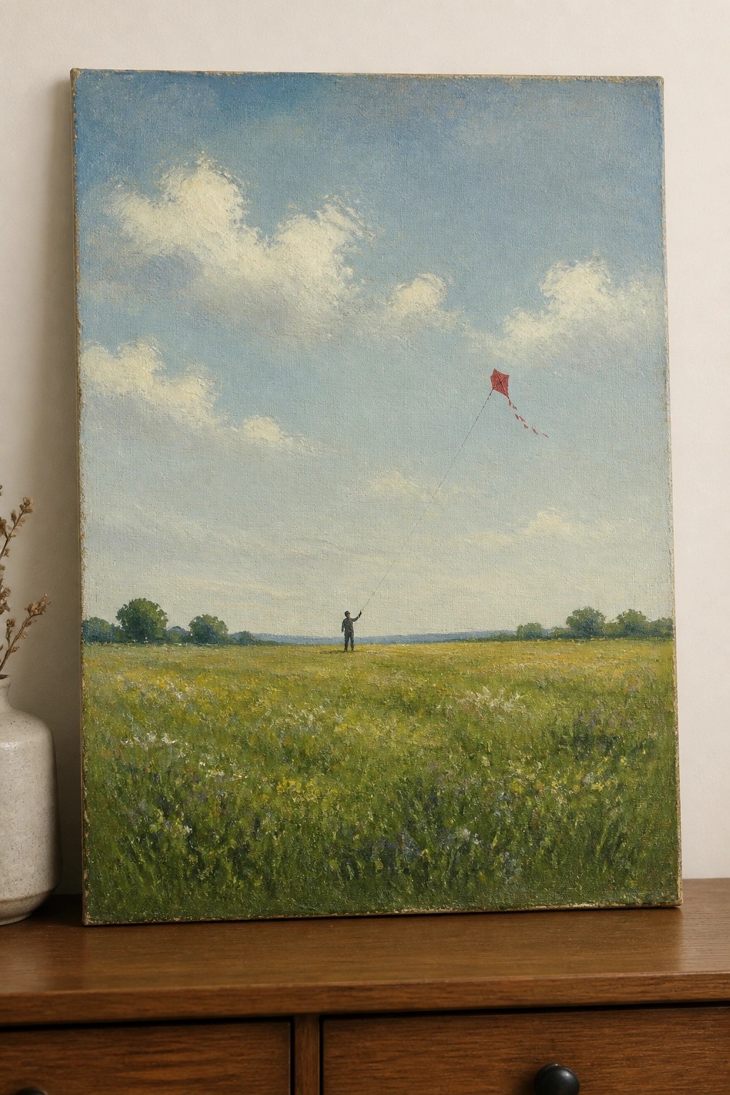 Impressionist painting of a lone figure flying a red kite across a vast green meadow