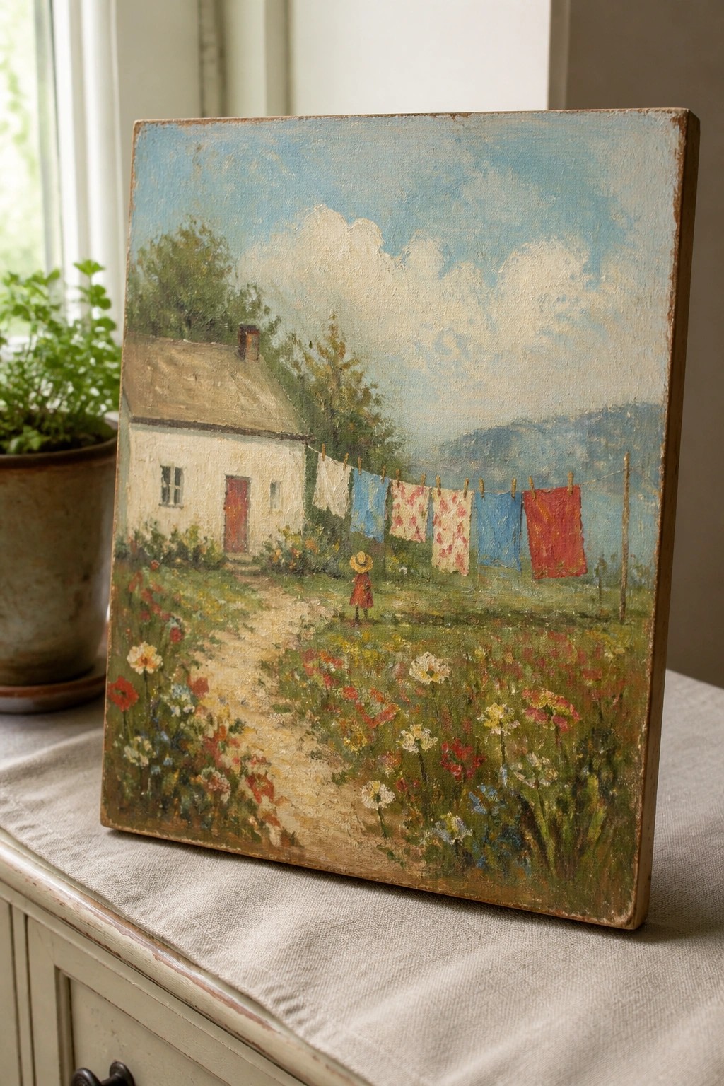 Impressionist painting of a child in a flower field by a cottage with colorful hanging laundry
