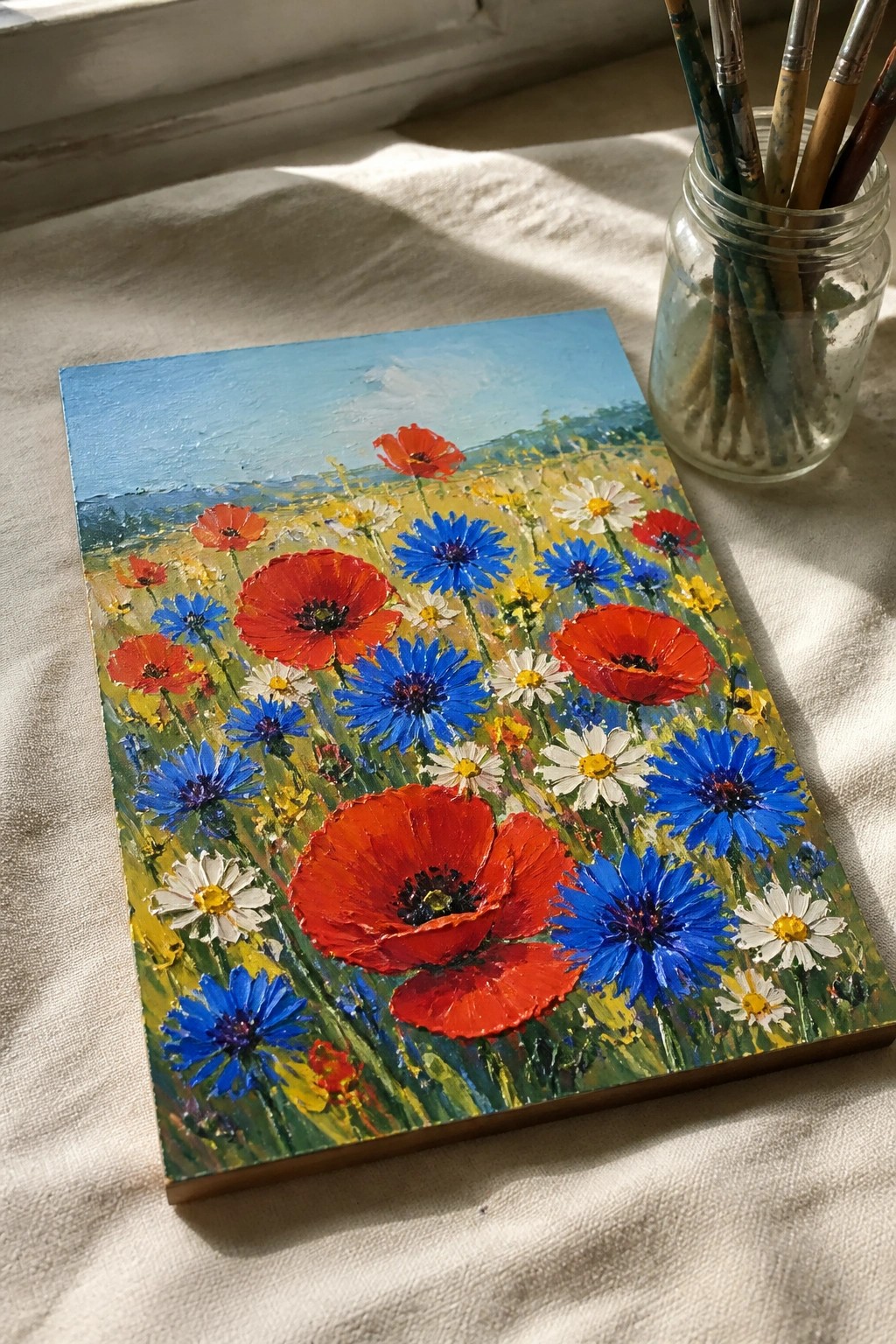 Vibrant impasto painting of poppies and wildflowers beside a jar of paintbrushes in sunlight.