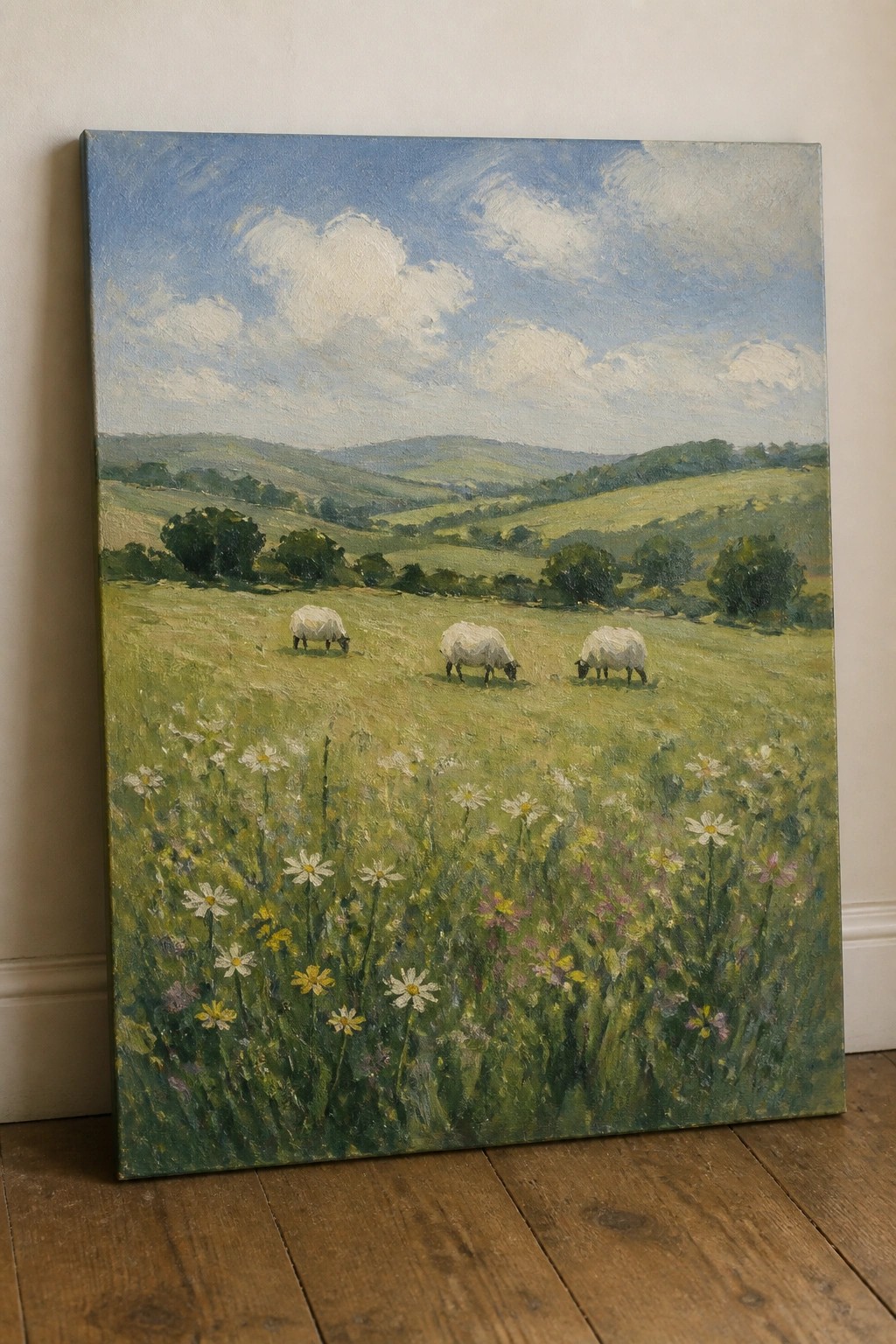 Oil painting of three sheep grazing amid wildflowers in rolling green hills