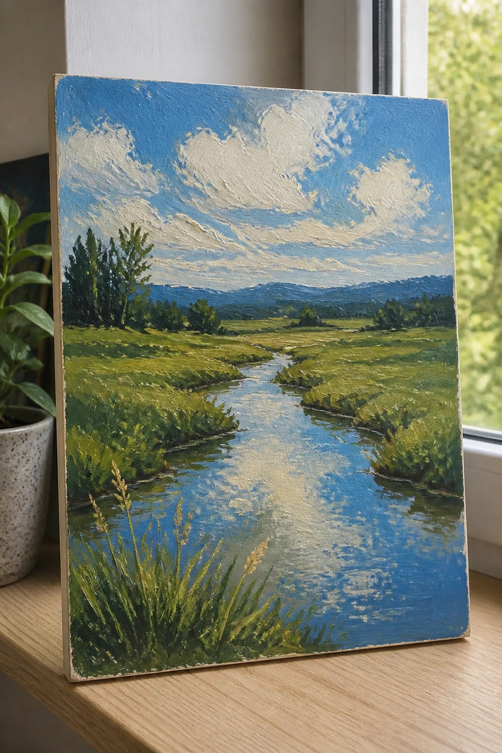 Thickly painted landscape with winding river through green meadows under a cloudy blue sky.