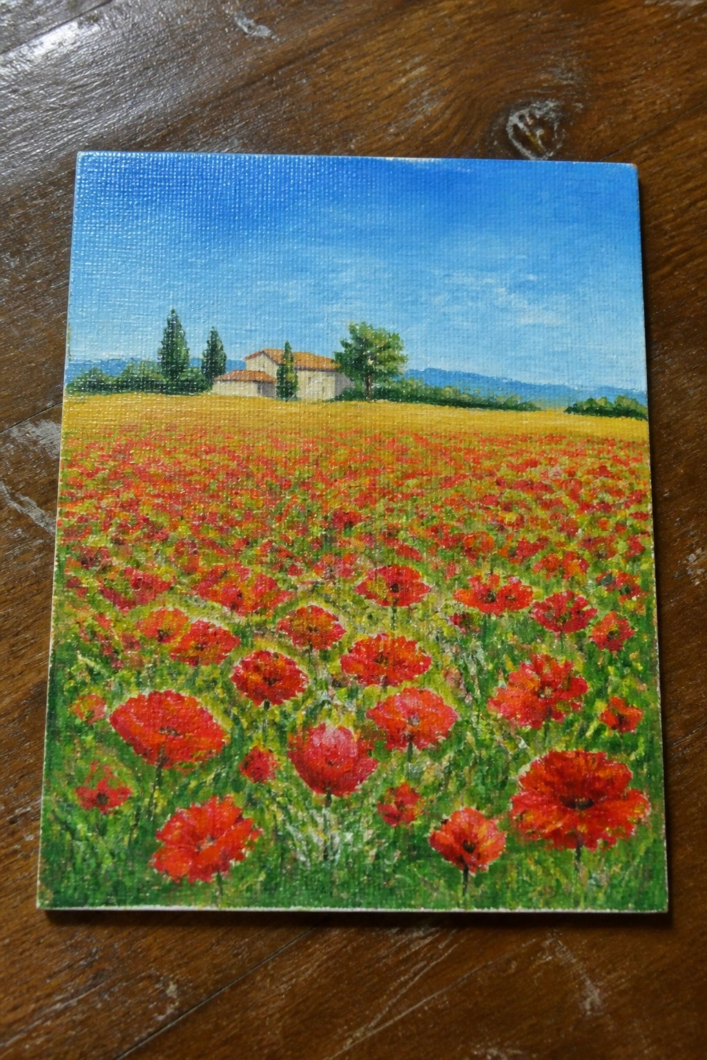 Red poppies bloom across a green field with distant houses under blue sky