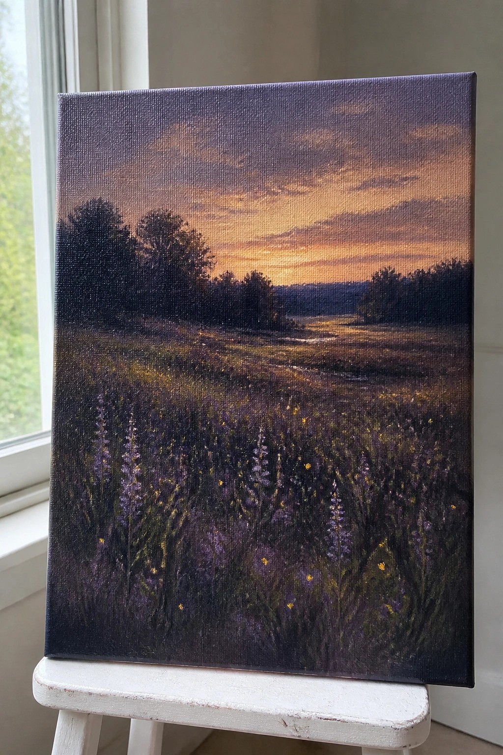Landscape painting of purple wildflowers at sunset on white wooden stool