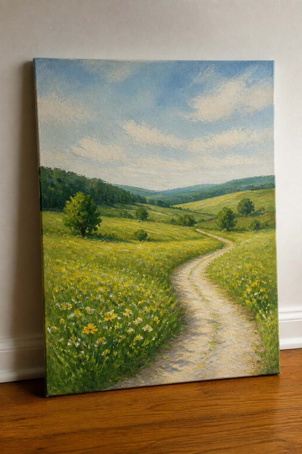 An oil painting of a winding dirt path through a green meadow dotted with yellow and white flowers, leading toward distant hills under a blue sky with clouds.