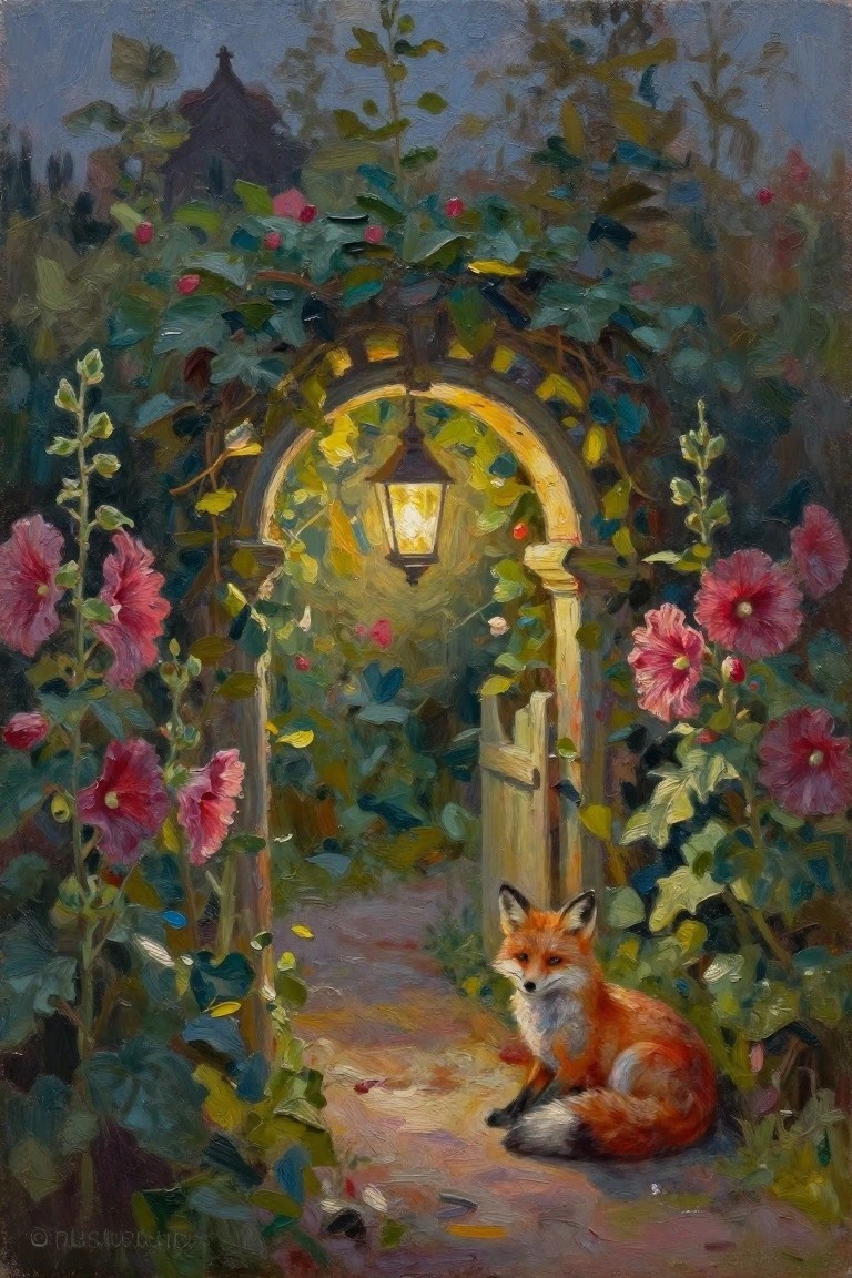 Red fox sits on a path under a lantern-lit arch amid pink flowers and vines