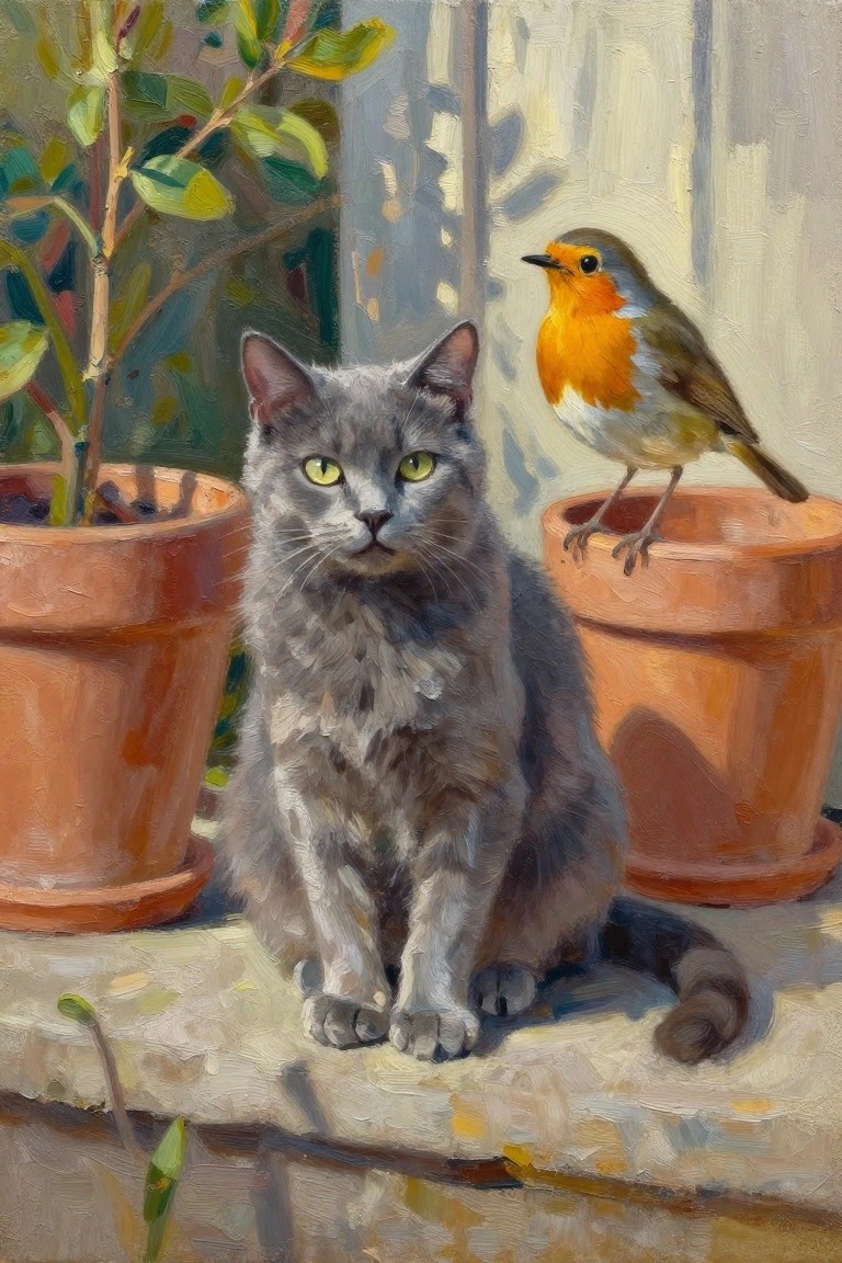 Gray cat sits by robin perched on terracotta pot beside leafy plant