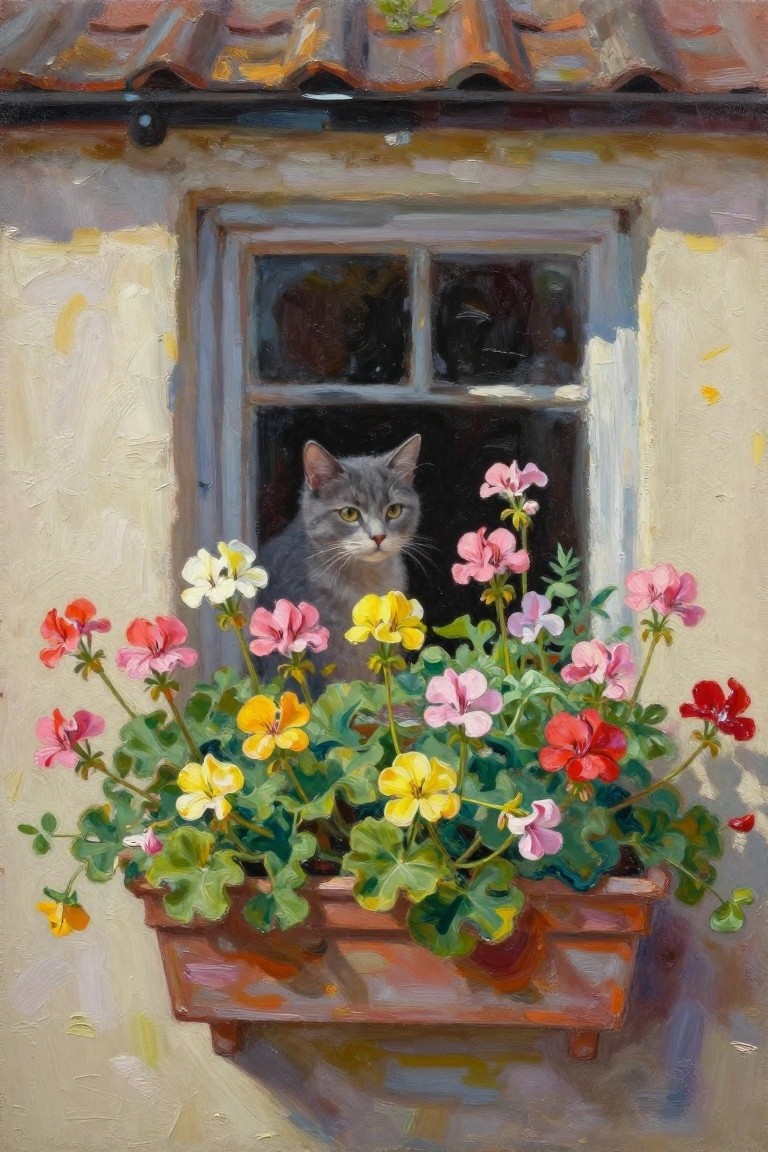 A gray cat looks out from a dark window above a wooden planter box overflowing with pink, yellow, red, and white flowers against a pale cottage wall.