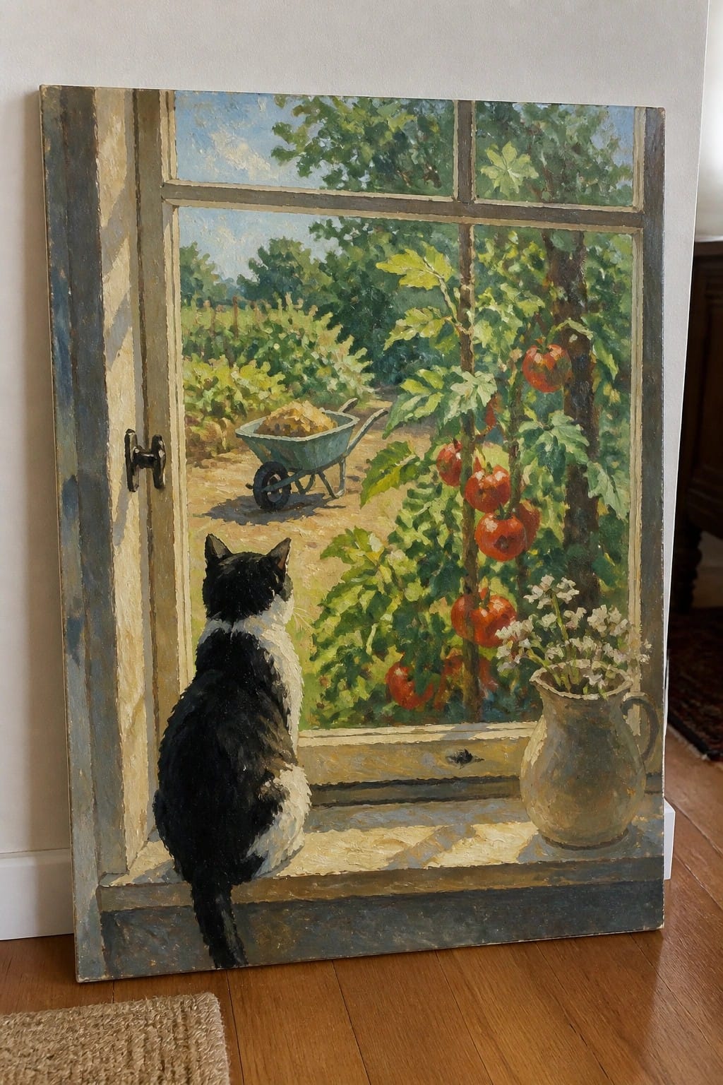 Black and white cat on windowsill overlooks tomato garden with wheelbarrow and vase