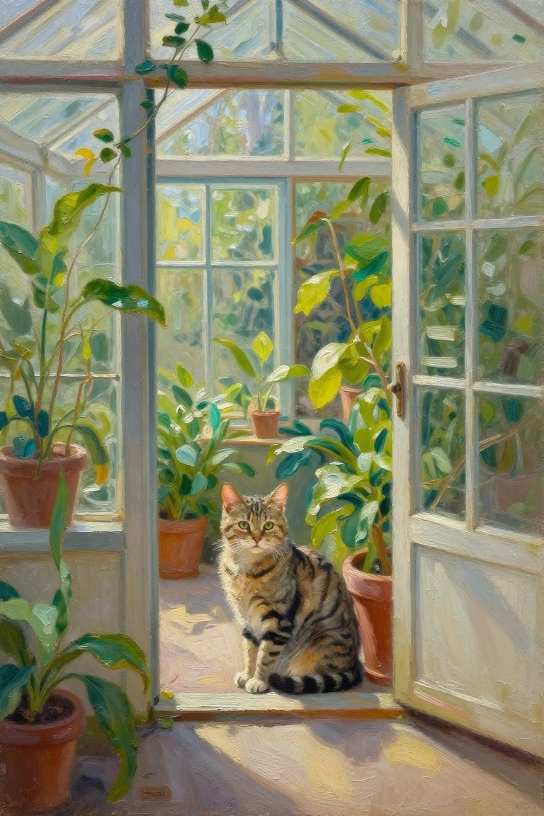 Tabby cat sitting in sunlit greenhouse doorway amid lush potted plants