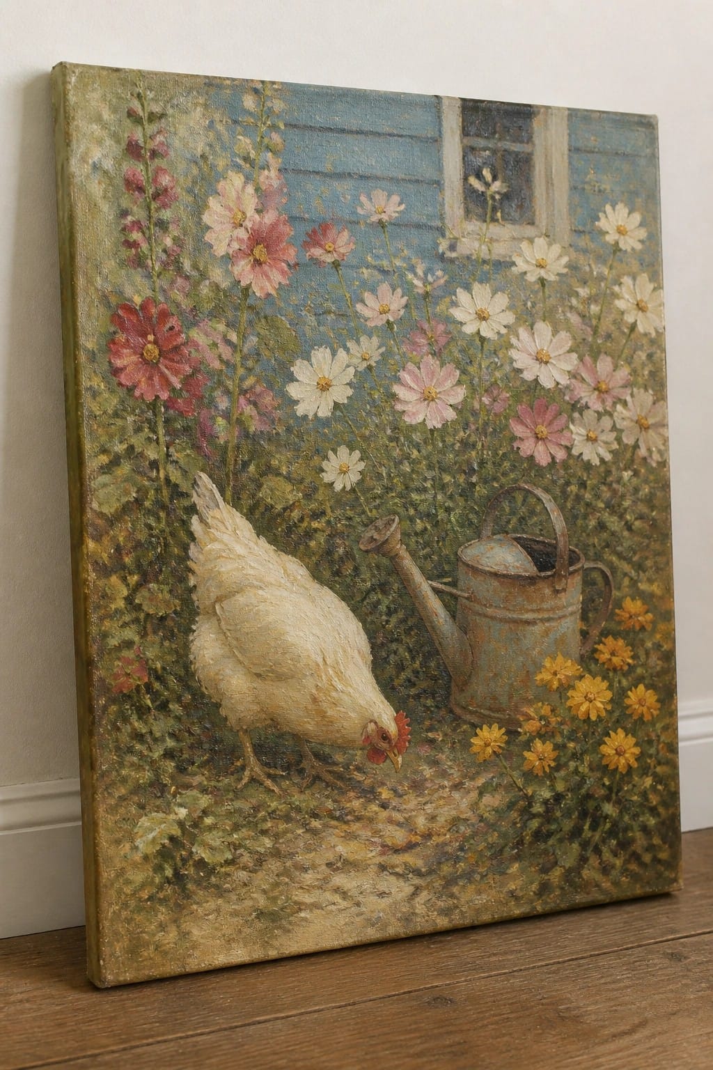 White hen pecking near rusty watering can amid pink, white, and yellow flowers by blue wall