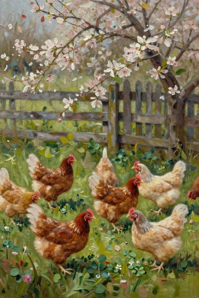 An oil painting of brown and white chickens walking on grass in front of a wooden fence with a blooming tree overhead.