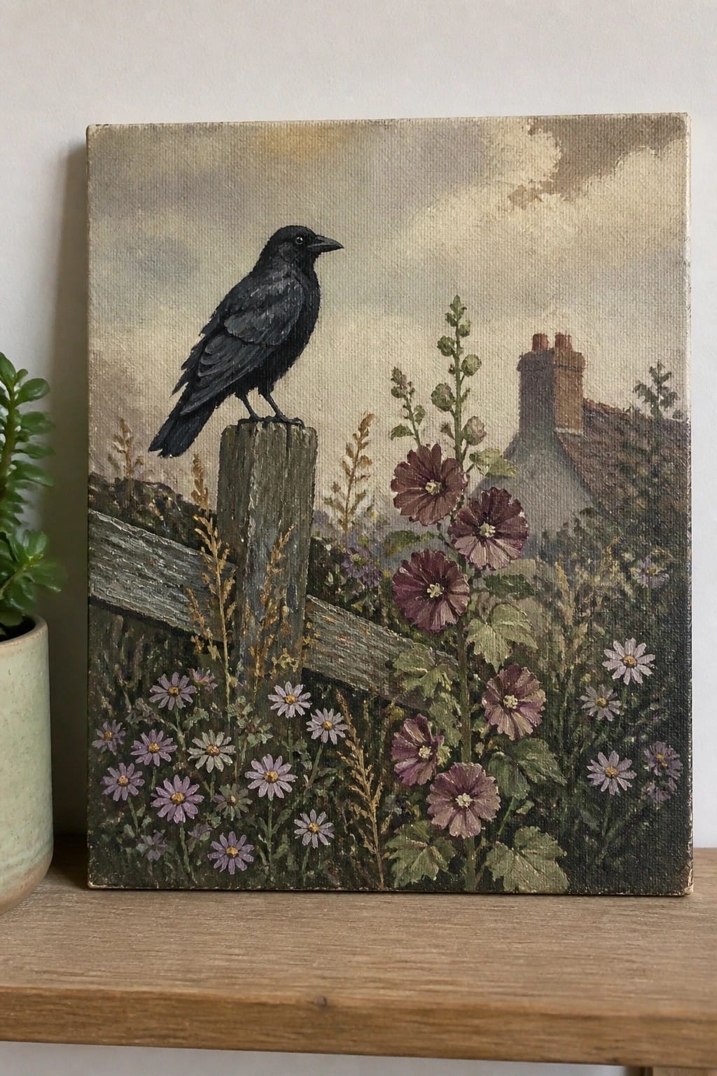 Black crow perched on wooden fence post amid purple wildflowers and cottage
