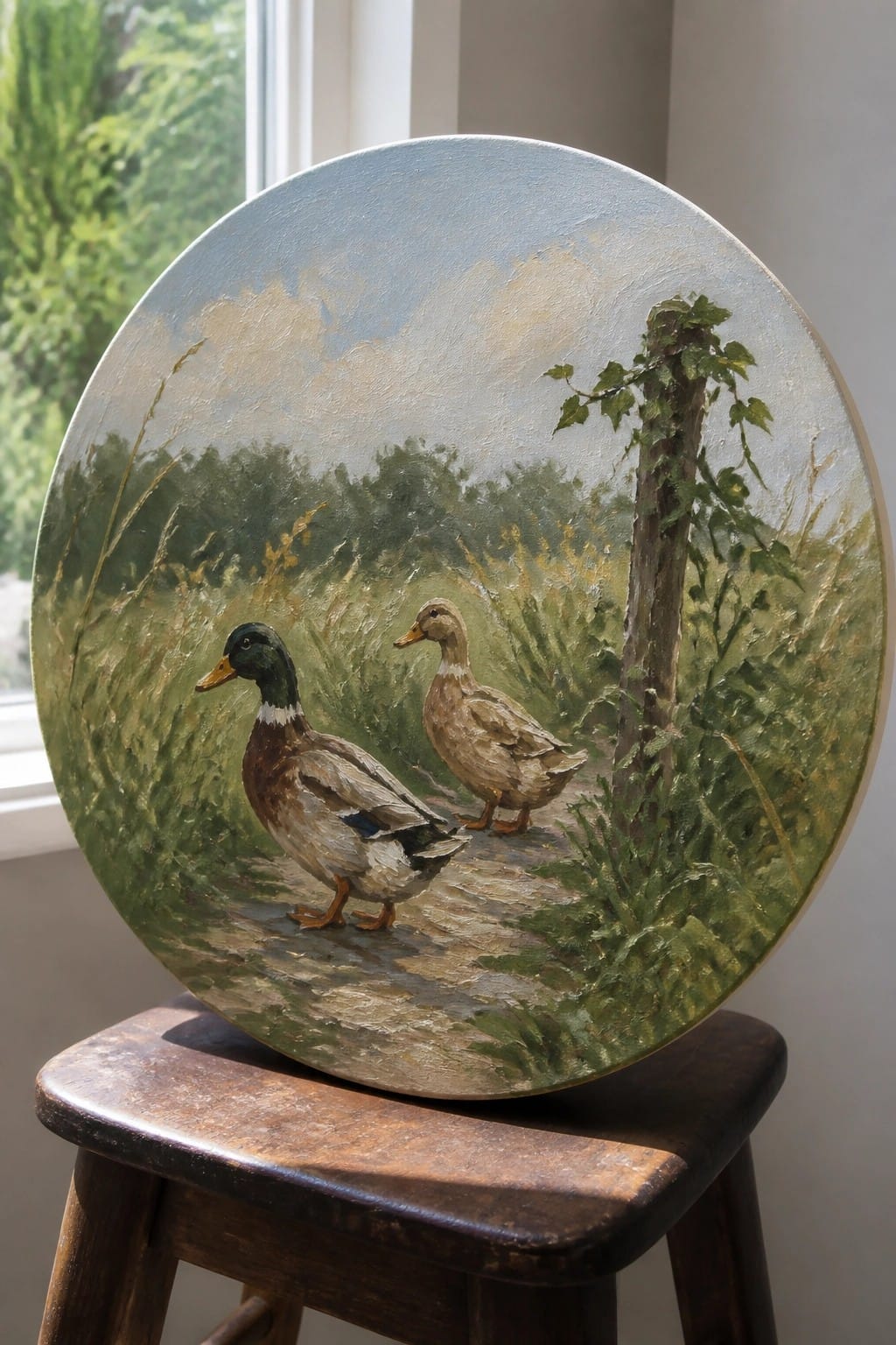 Circular painting of two ducks on a grassy path, displayed on wooden stool.