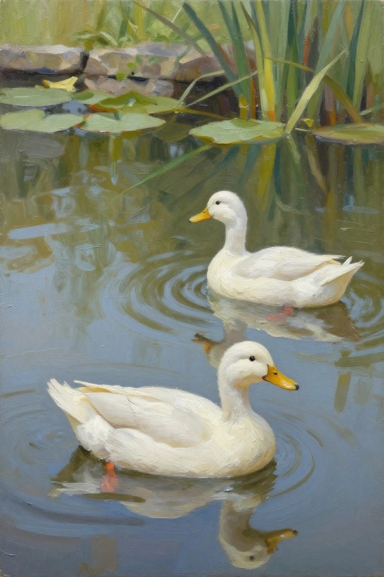 Two white ducks swimming on a rippled pond amid green lily pads and reeds.