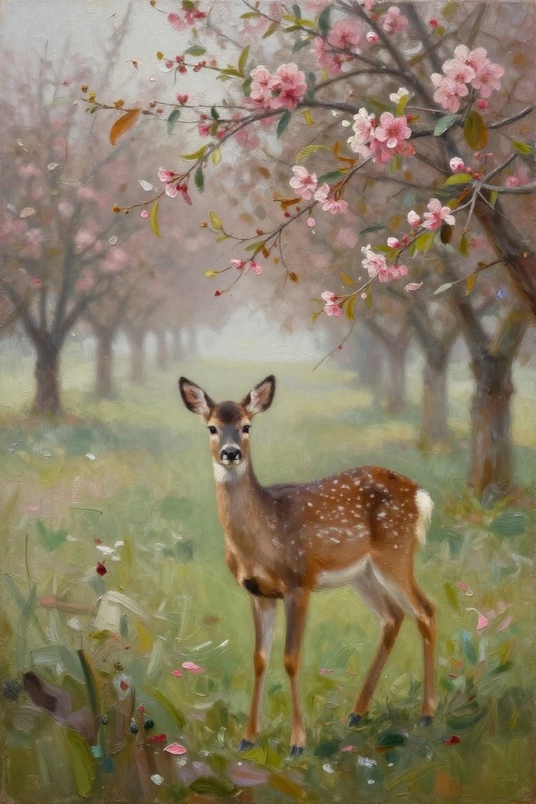 Fawn standing amid misty pink cherry blossoms with falling petals on grass
