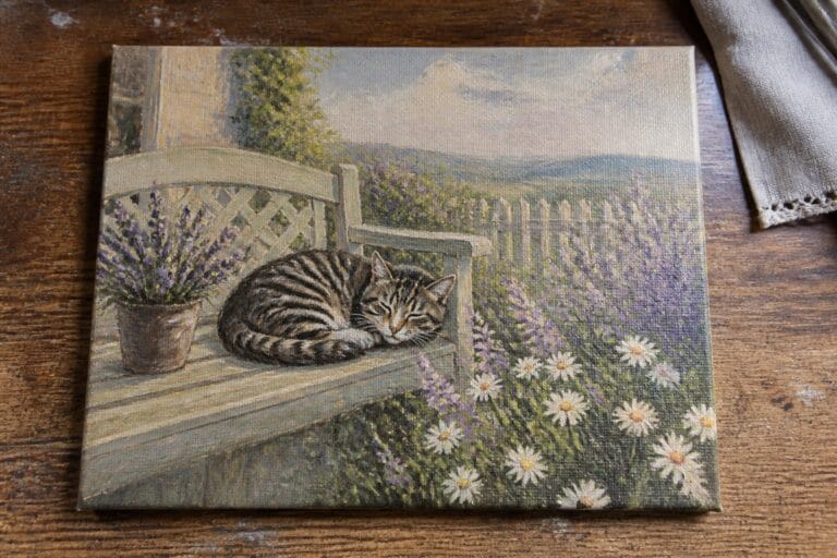22 Cozy Cottagecore Oil Painting Ideas Featuring Animals and Garden Views Sleeping tabby cat curled on wooden bench amid lavender and daisies in garden