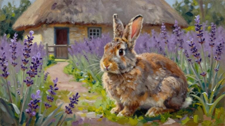 22 Cozy Cottagecore Oil Painting Ideas Featuring Animals and Garden Views Brown rabbit amid purple lavender flowers by a thatched cottage and fence